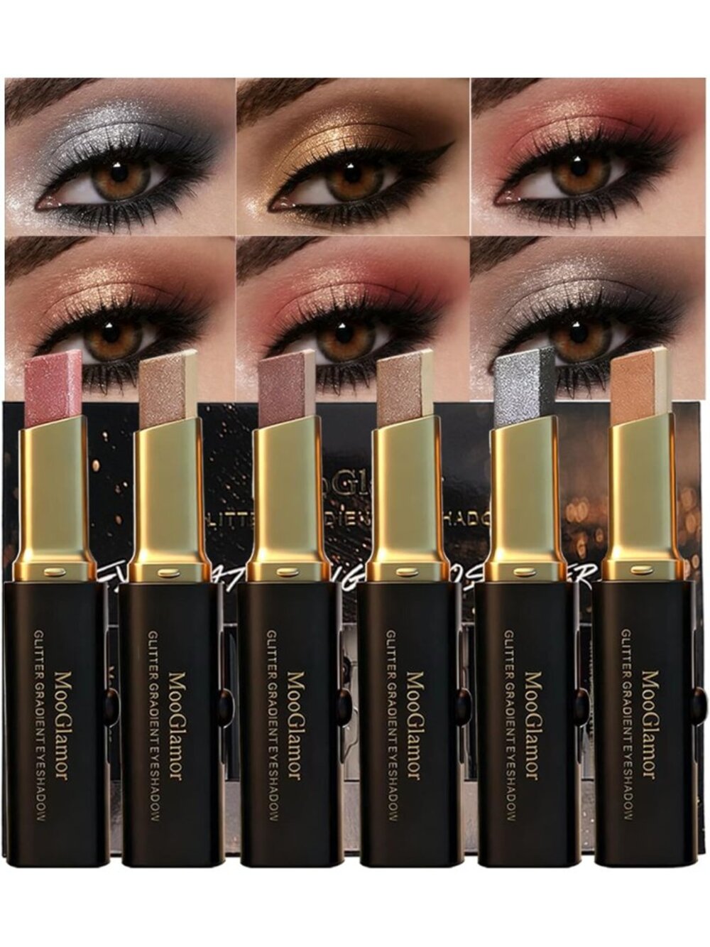 6 Pcs Shimmer Eye Shadow Stick Set - Waterproof, Long-Lasting, Two-Color